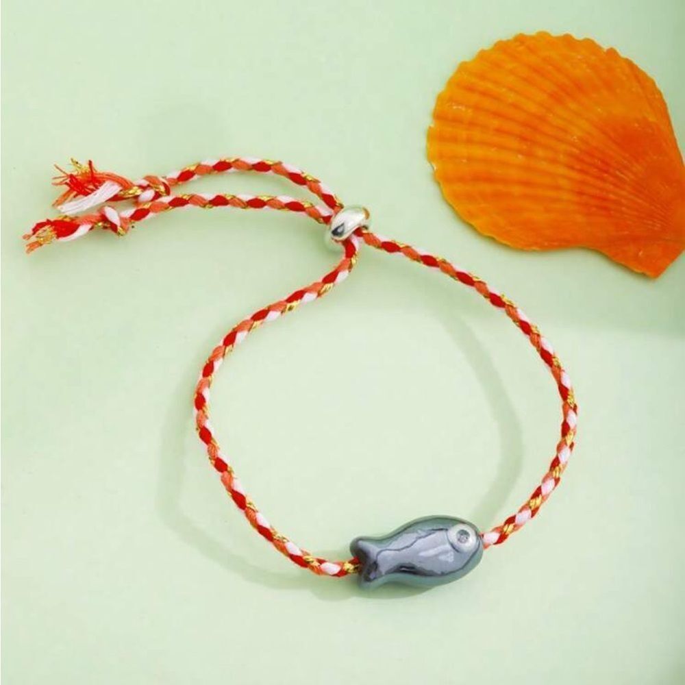 Red and White Braided Bracelet with Fish Charm S983